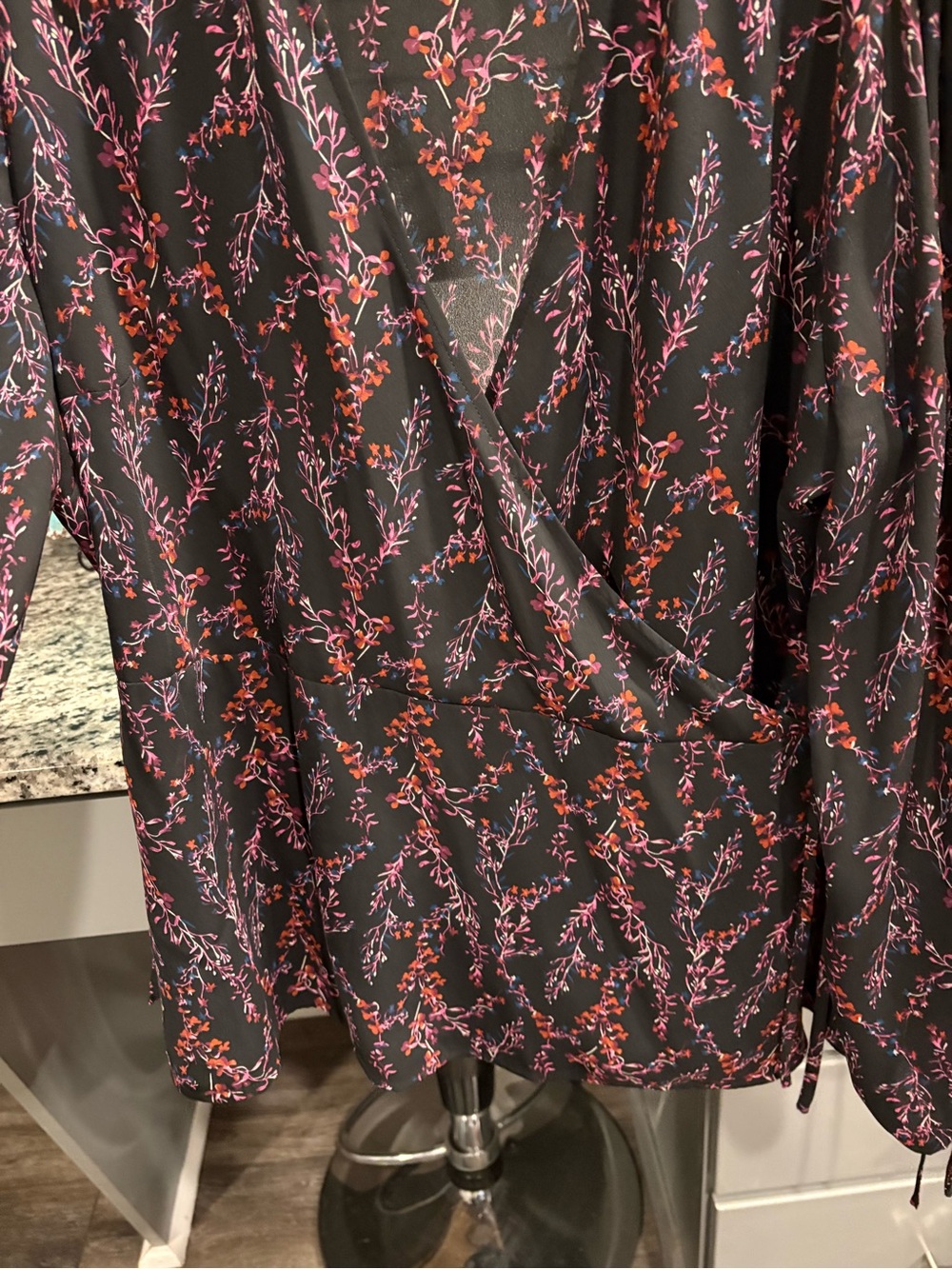 Floral Faux Wrap-Style Blouse in Black with Pink & Coral Sprigs - Picture 2 of 3